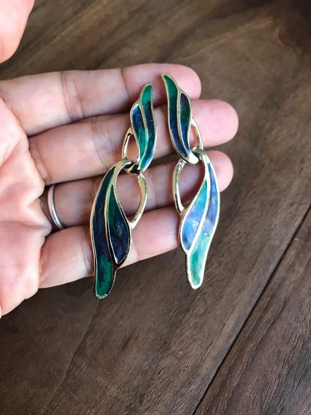 Vintage Goldtone Blue Green Enamel Dangle Pierced Earrings Statement 80s 90s‎